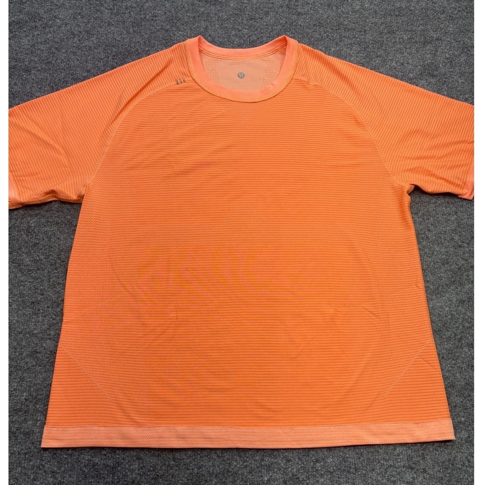 Lululemon Metal Vent Tech Orange Striped Short Sleeve Athletic Shirt Mens XL
